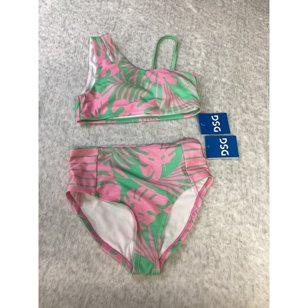 DSG Girls Panama Palms Asymmetric Top High Waisted Bikini Set Pink Green Size M